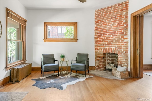 2845 Quitman St, Denver, CO 80212 - living area featuring radiator heating unit, wood finished floors, a fireplace, and baseboards