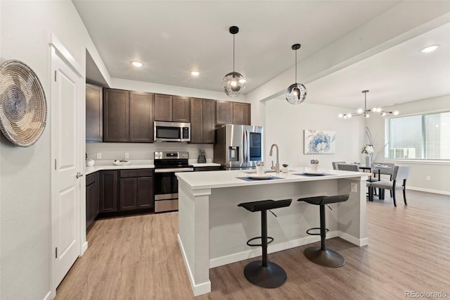 kitchen featuring light wood finished floors, dark brown cabinets, stainless steel appliances, and an island with sink