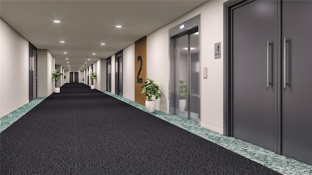 hall with carpet flooring and elevator