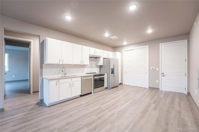 kitchen featuring appliances with stainless steel finishes, white cabinetry, sink, backsplash, and light wood-type flooring