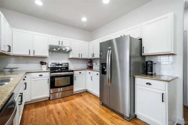 2204 Reed Grass Way, Colorado Springs, CO 80915 - kitchen featuring stainless steel appliances, under cabinet range hood, white cabinetry, and recessed lighting