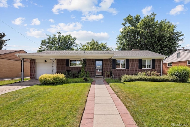745 S Glencoe St, Denver, CO 80246 - ranch-style house featuring a garage, a front yard, brick siding, and concrete driveway