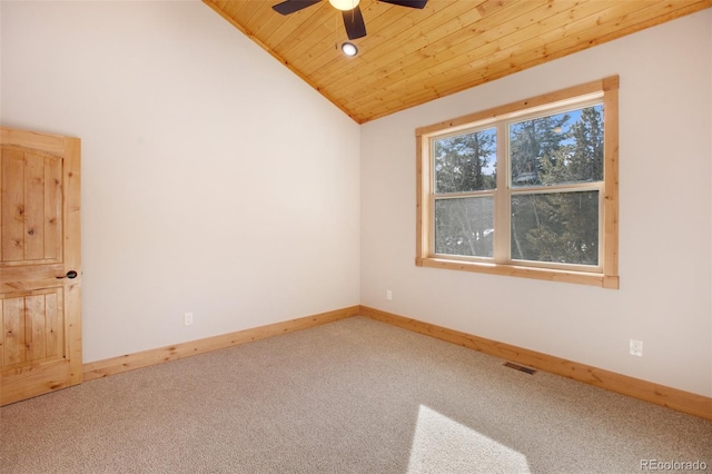 carpeted spare room featuring lofted ceiling, ceiling fan, and wood ceiling