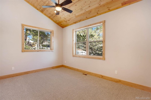 spare room featuring lofted ceiling, plenty of natural light, wooden ceiling, and ceiling fan