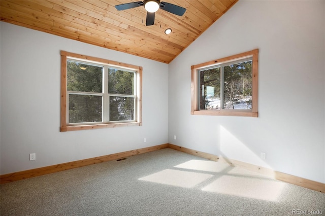 carpeted empty room with lofted ceiling, a healthy amount of sunlight, wood ceiling, and ceiling fan