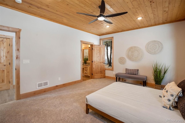 bedroom featuring carpet floors, ensuite bath, ceiling fan, and wooden ceiling