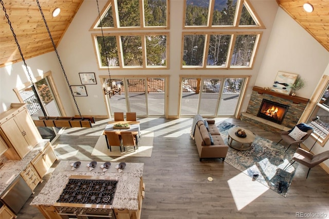 interior space featuring a stone fireplace, high vaulted ceiling, wooden ceiling, and wood-type flooring