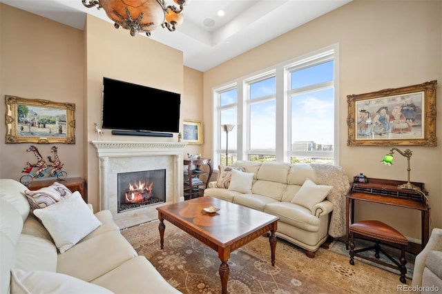 living room with a fireplace