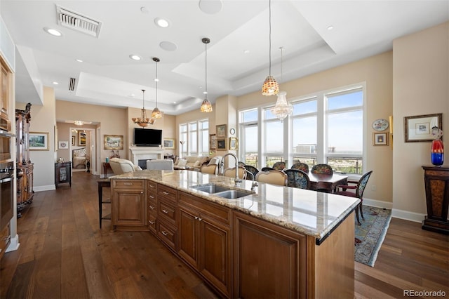 kitchen featuring a raised ceiling, visible vents, a sink, and an island with sink