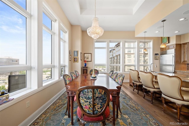 dining room with an inviting chandelier, dark wood finished floors, a wealth of natural light, and baseboards