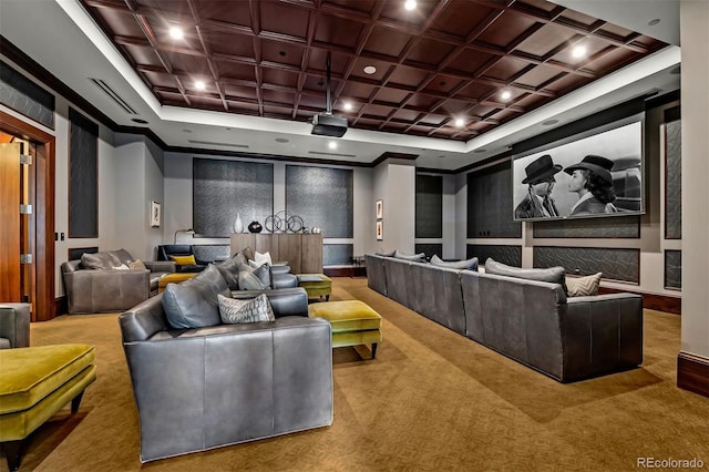 cinema room with carpet, coffered ceiling, crown molding, and recessed lighting