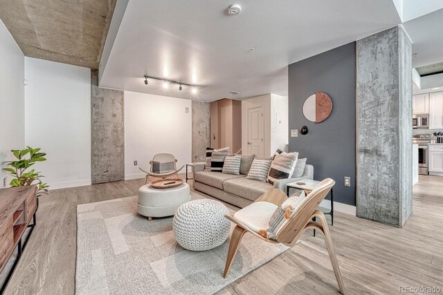 1700 Bassett St Unit 101, Denver, CO 80202 - living room with track lighting, light wood-style floors, and baseboards