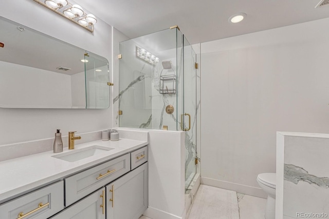 1700 Bassett St Unit 101, Denver, CO 80202 - full bath with vanity, toilet, marble look tiles, a marble finish shower, and baseboards