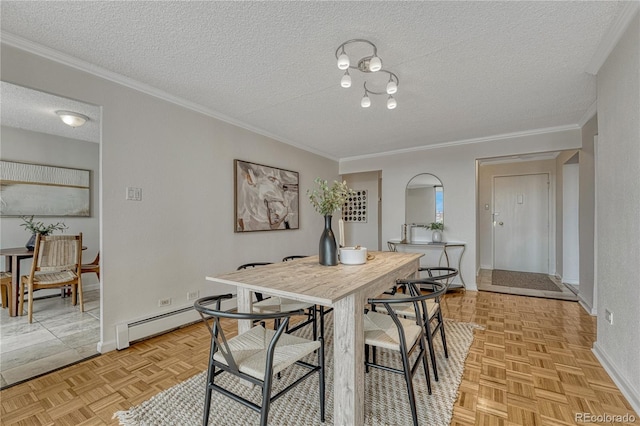 4800 E Hale Pkwy Unit 802N, Denver, CO 80220 - dining room with baseboard heating, a textured ceiling, baseboards, and crown molding