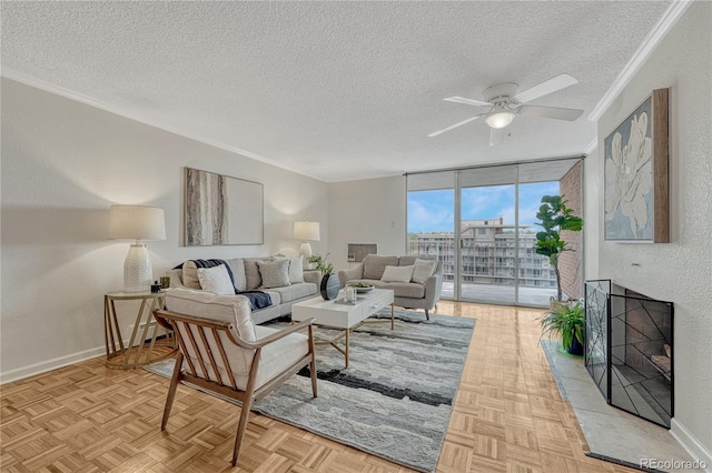 4800 E Hale Pkwy Unit 802N, Denver, CO 80220 - living area with a textured ceiling, floor to ceiling windows, a ceiling fan, baseboards, and crown molding