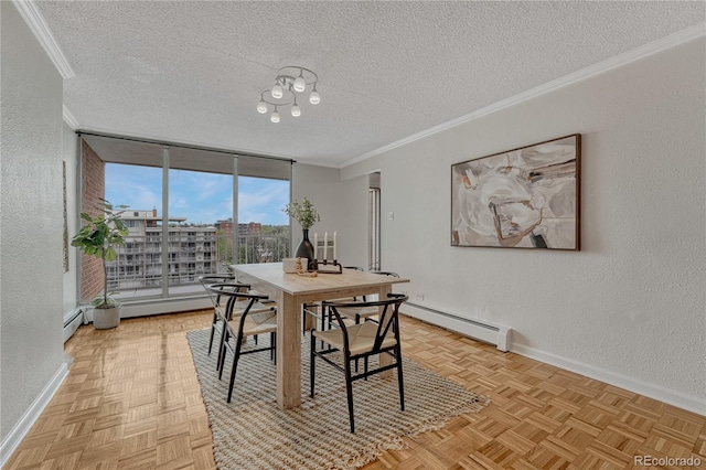 4800 E Hale Pkwy Unit 802N, Denver, CO 80220 - dining room with a baseboard heating unit, a textured ceiling, a textured wall, crown molding, and baseboards