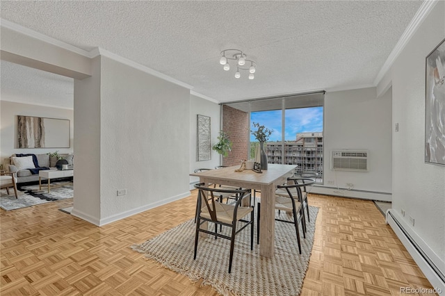 4800 E Hale Pkwy Unit 802N, Denver, CO 80220 - dining room featuring a baseboard radiator, a textured ceiling, baseboards, a wall mounted AC, and a textured wall