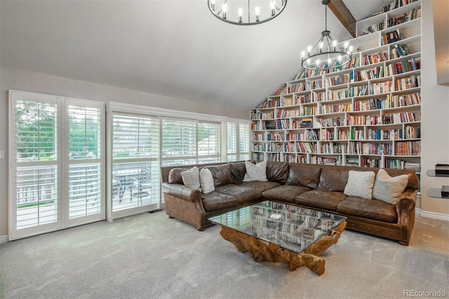 7750 S Glencoe Way, Centennial, CO 80122 - living area featuring a chandelier, carpet, lofted ceiling, and wall of books