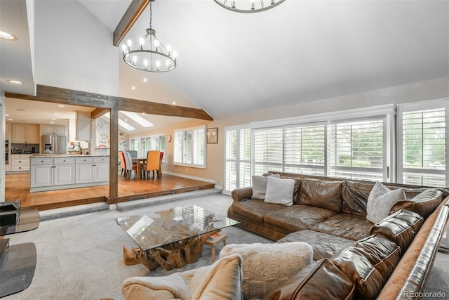 7750 S Glencoe Way, Centennial, CO 80122 - living room featuring high vaulted ceiling, a chandelier, light carpet, beam ceiling, and recessed lighting