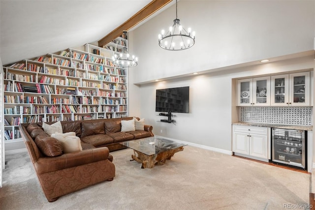 7750 S Glencoe Way, Centennial, CO 80122 - carpeted living area featuring beverage cooler, a chandelier, and high vaulted ceiling