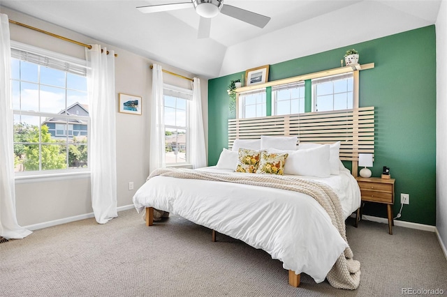 14833 E Crestridge Dr, Centennial, CO 80015 - carpeted bedroom with baseboards, ceiling fan, and lofted ceiling