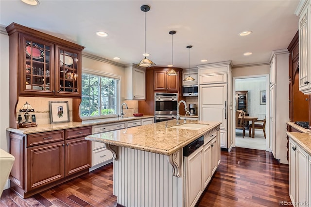 10130 E Powers Ave, Greenwood Village, CO 80111 - kitchen with crown molding, dark wood-type flooring, glass insert cabinets, built in appliances, and light stone counters