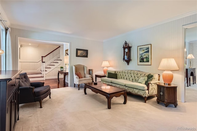 10130 E Powers Ave, Greenwood Village, CO 80111 - carpeted living room with ornamental molding and stairs