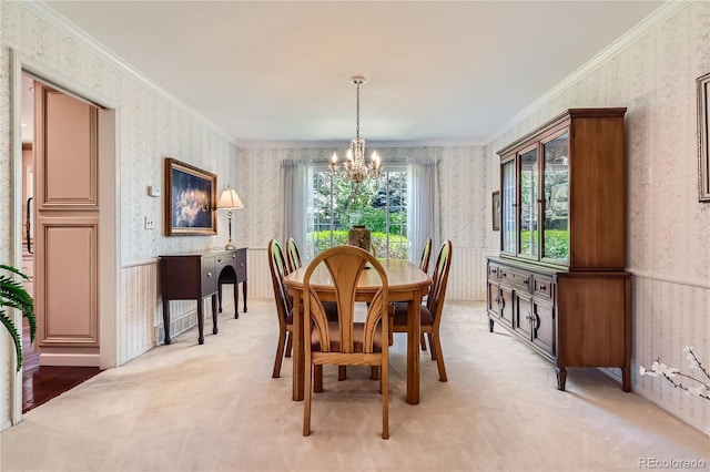 10130 E Powers Ave, Greenwood Village, CO 80111 - dining room with wallpapered walls, a chandelier, light carpet, and crown molding