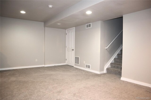 13271 Holly St Unit B, Thornton, CO 80241 - finished below grade area with carpet flooring, recessed lighting, and stairs