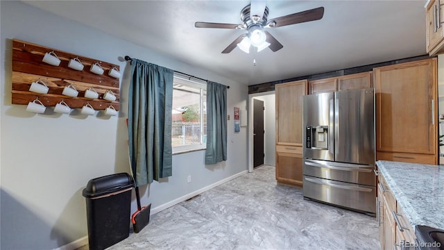 kitchen with stainless steel refrigerator with ice dispenser and ceiling fan