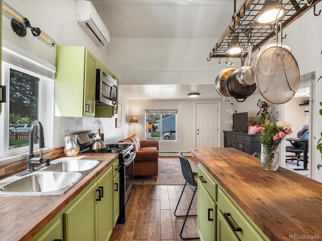 3134 W Center Ave, Denver, CO 80219 - kitchen featuring green cabinets, butcher block countertops, stainless steel appliances, a sink, and dark wood-style flooring