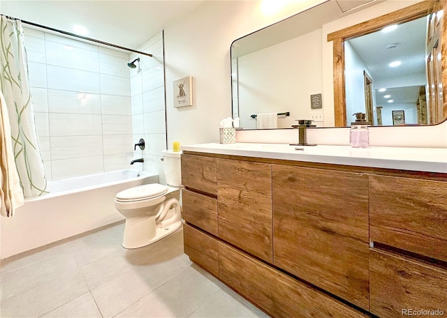 full bathroom featuring tile patterned floors, vanity, toilet, and shower / tub combo with curtain