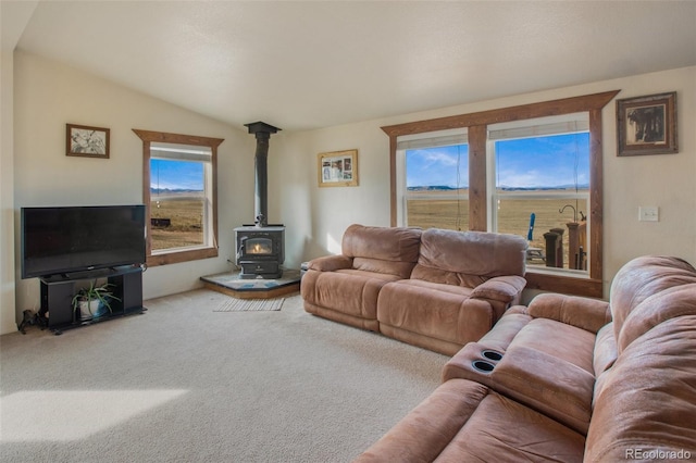 1888 Lakeview Dr, Lake George, CO 80827 - living room with a wood stove, carpet flooring, plenty of natural light, and vaulted ceiling