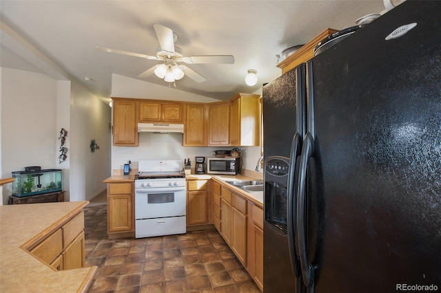 1888 Lakeview Dr, Lake George, CO 80827 - kitchen with black refrigerator with ice dispenser, gas range gas stove, under cabinet range hood, stainless steel microwave, and a ceiling fan