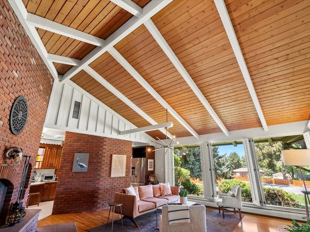 10400 W 35th Pl, Wheat Ridge, CO 80033 - living room featuring wood finished floors, a wood ceiling with exposed beams, baseboard heating, high vaulted ceiling, and a chandelier
