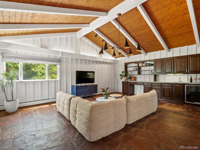 10400 W 35th Pl, Wheat Ridge, CO 80033 - living area featuring stone tile flooring, wine cooler, wood ceiling, and bar area