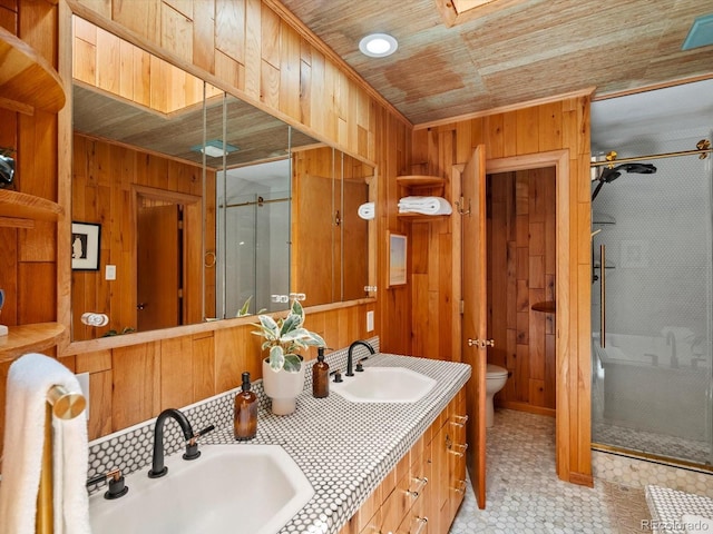 10400 W 35th Pl, Wheat Ridge, CO 80033 - full bathroom with wooden walls, a shower stall, double vanity, tile patterned floors, and wood ceiling