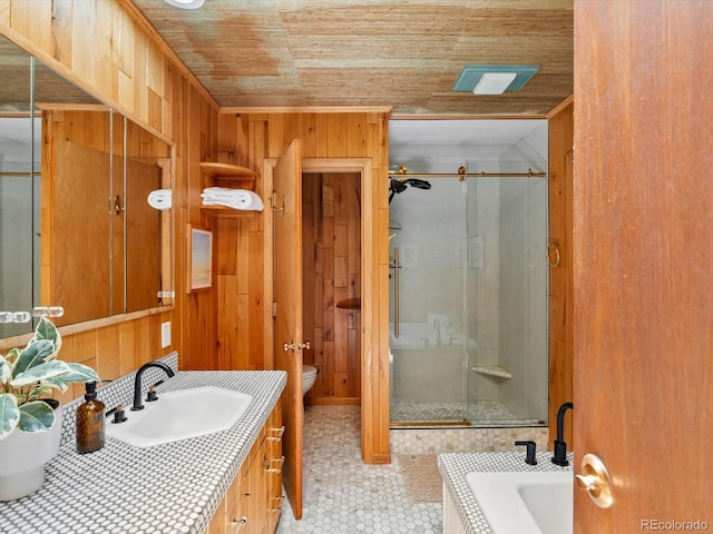10400 W 35th Pl, Wheat Ridge, CO 80033 - full bathroom with wooden walls, vanity, a stall shower, wooden ceiling, and a bath