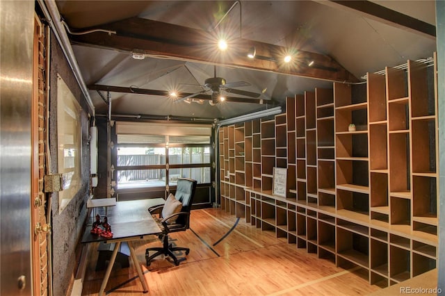 3259 W Hayward Pl, Denver, CO 80211 - unfurnished office featuring vaulted ceiling, wood finished floors, ceiling fan, and a garage