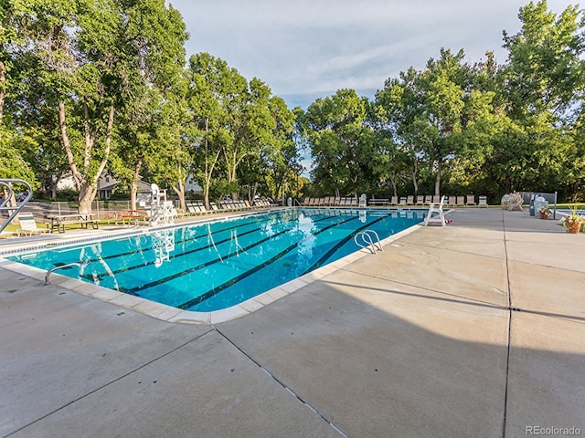 view of swimming pool featuring a patio area