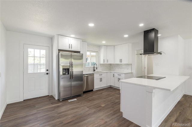 190 Hemlock St, Broomfield, CO 80020 - kitchen with stainless steel appliances, range hood, a sink, dark wood-style flooring, and white cabinetry