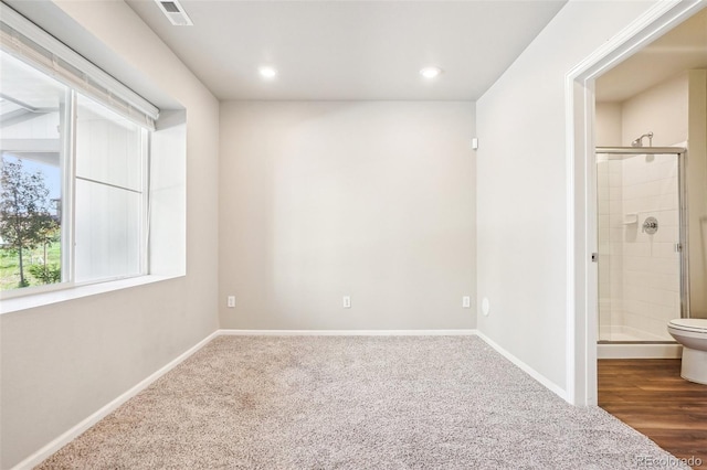 unfurnished room featuring carpet flooring, baseboards, and recessed lighting