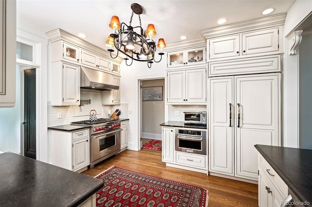 615 N Williams St, Denver, CO 80218 - kitchen with high quality appliances, under cabinet range hood, dark countertops, glass insert cabinets, and recessed lighting