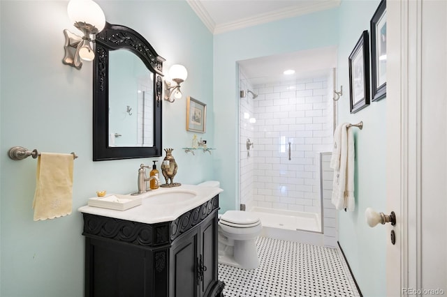 615 N Williams St, Denver, CO 80218 - bathroom with vanity, a tile shower, crown molding, and tile patterned floors