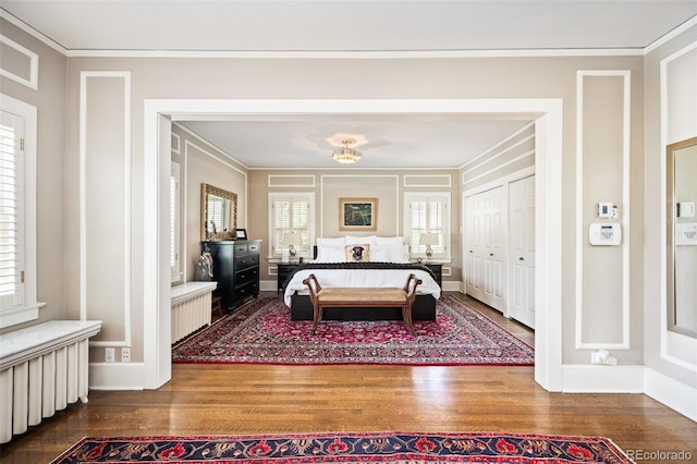 615 N Williams St, Denver, CO 80218 - bedroom with wood finished floors, crown molding, and radiator heating unit