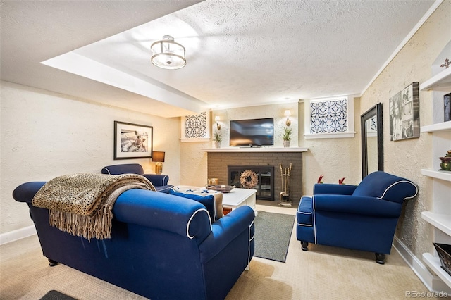 615 N Williams St, Denver, CO 80218 - living area featuring a textured wall, a brick fireplace, carpet flooring, and a textured ceiling