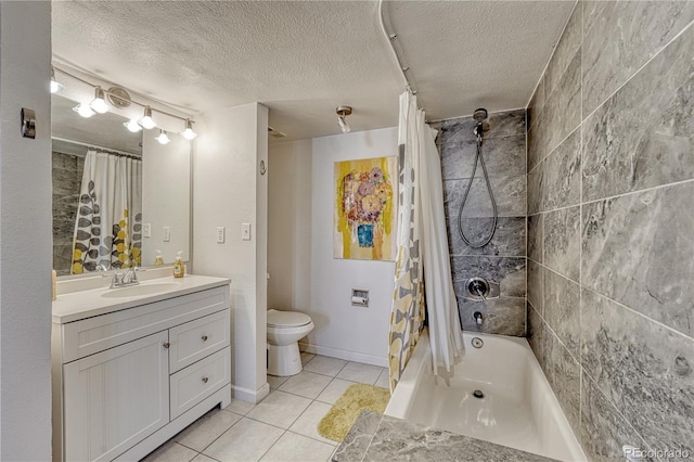 bathroom featuring toilet, shower / bath combo, a textured ceiling, tile patterned flooring, and vanity