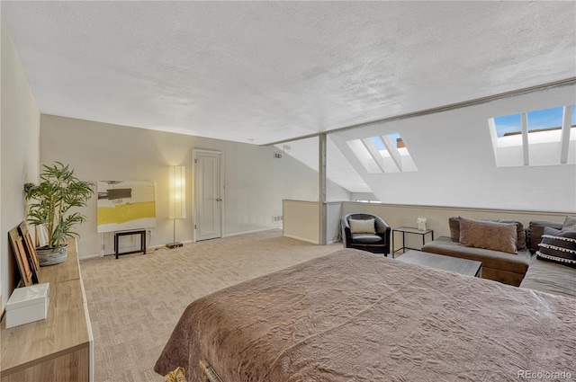 carpeted bedroom featuring a textured ceiling, baseboards, and vaulted ceiling