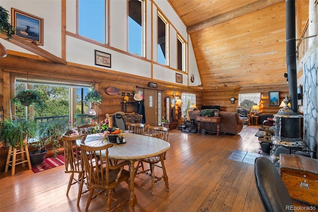 dining room with hardwood / wood-style flooring, a wood stove, wood ceiling, and log walls