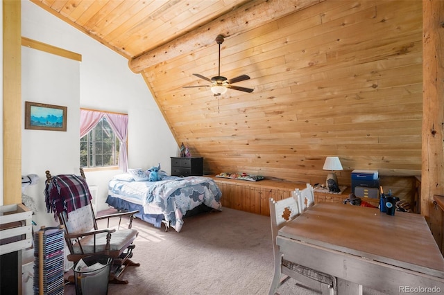 bedroom featuring wooden ceiling, carpet flooring, wood walls, and lofted ceiling